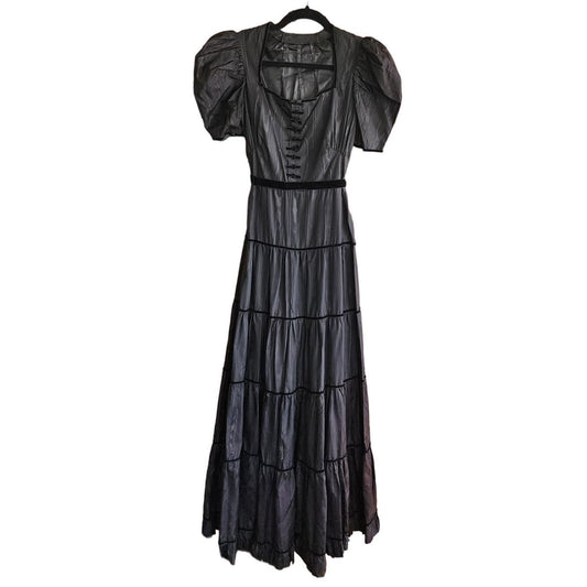 Vintage 30s Black Evening Dress Waterfall Taffeta Short Puffed Sleeves