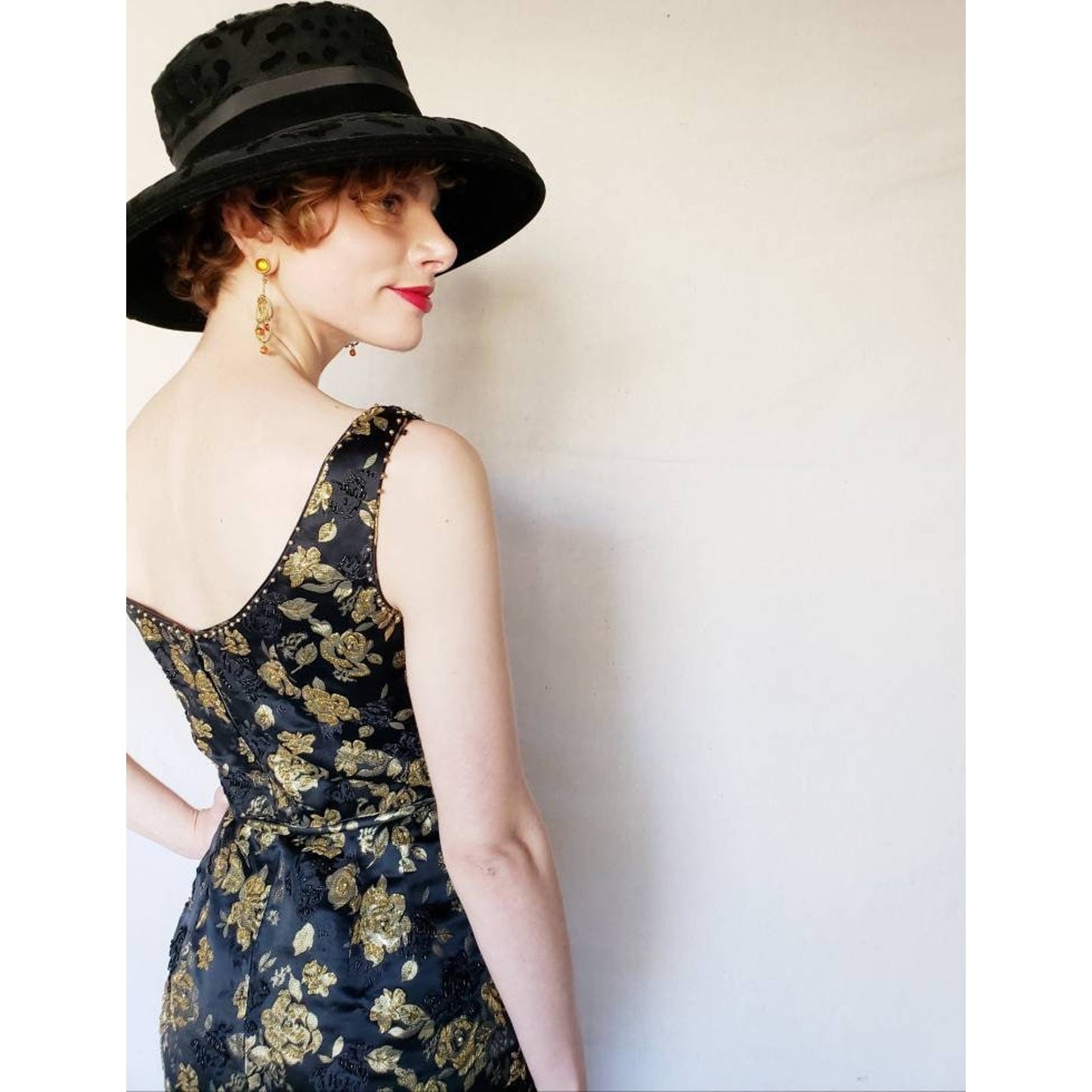 Vintage 1960s Cocktail Dress Black Gold Floral Beaded Brocade Sleeveless Wiggle Party Dress Ornate S