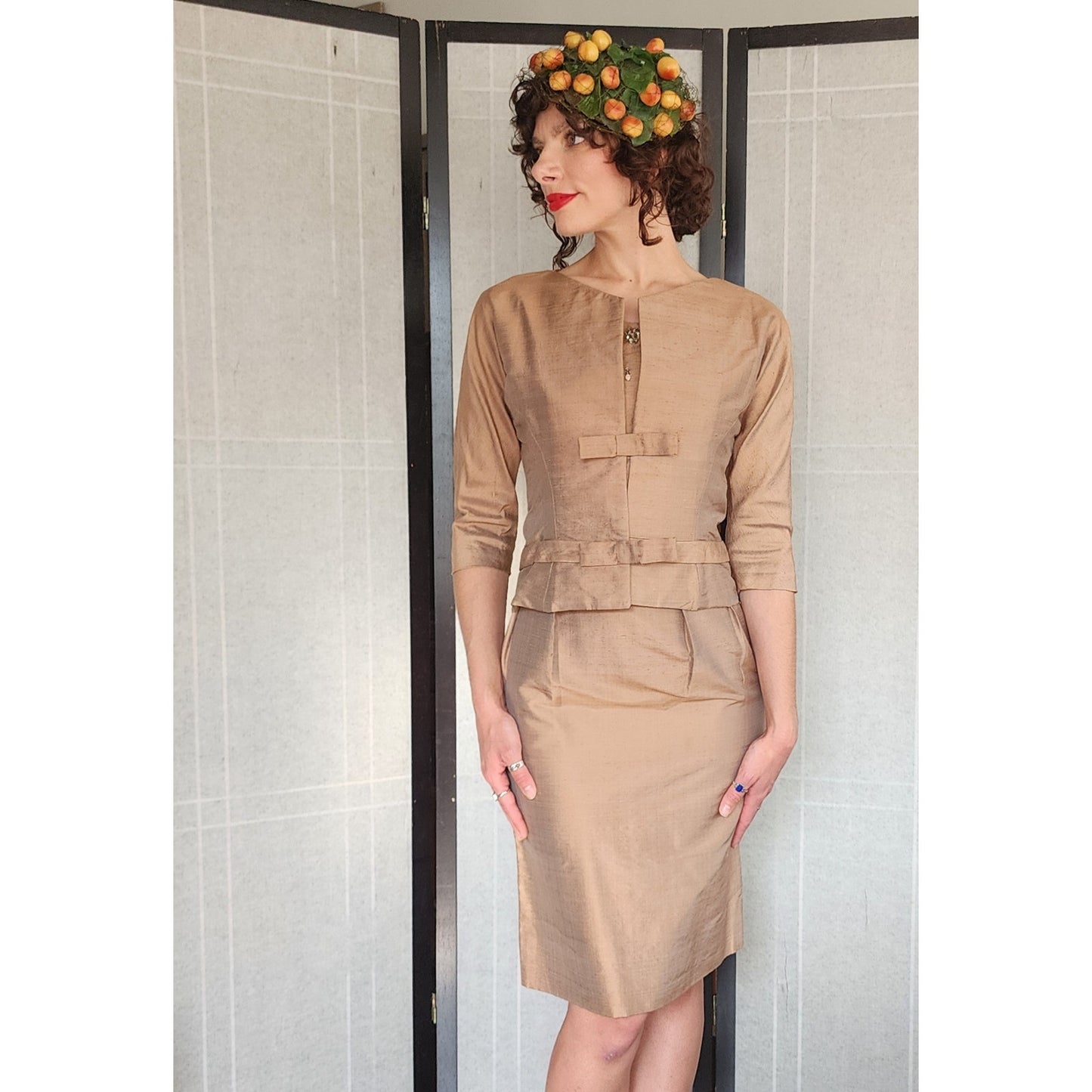 Vintage 50s Beige Silk Dress Suit w/Rhinestones