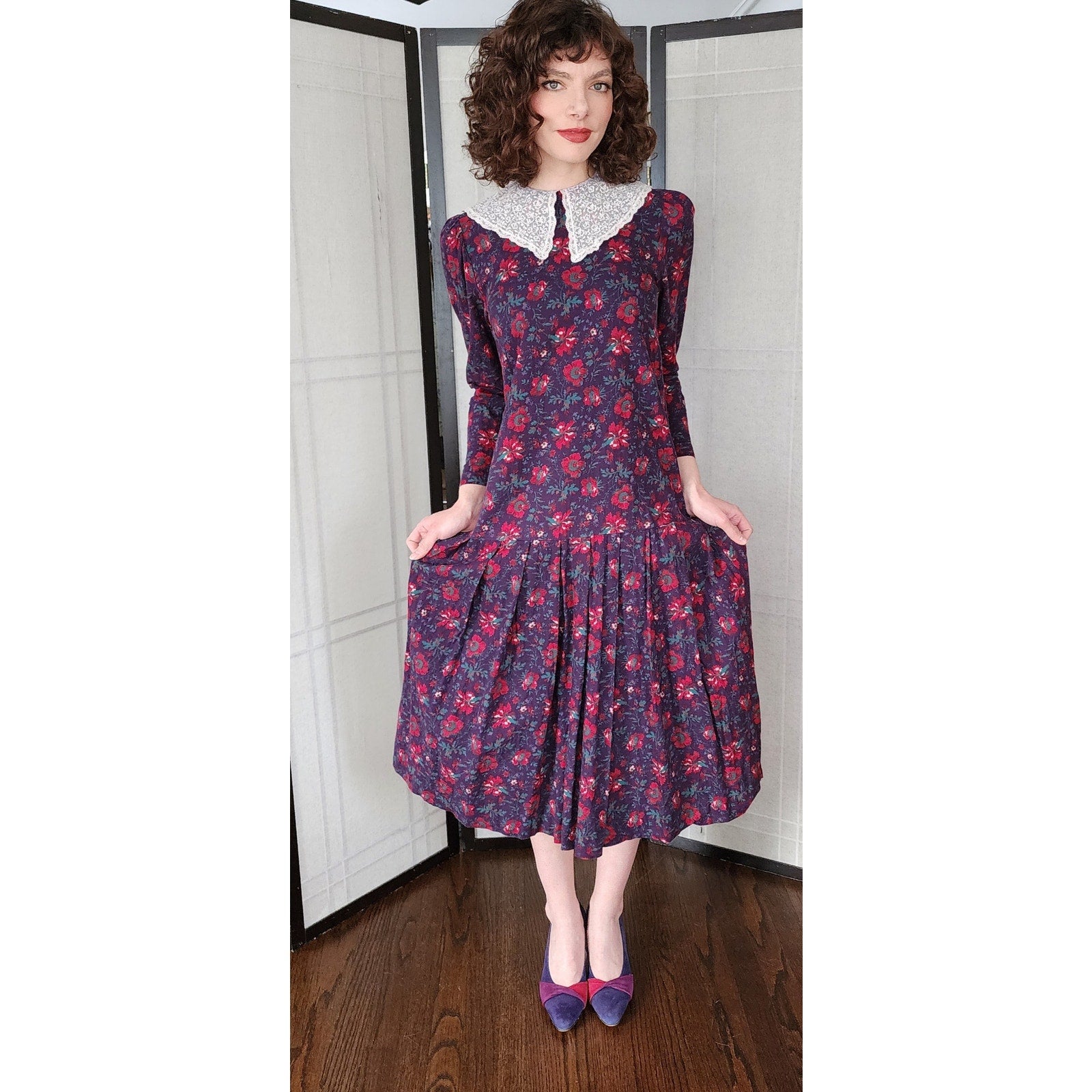 laura ashley 80s vintage dress 9号 Vintage Laura Ashley 80s Dress Womens 8 Floral Bird Print