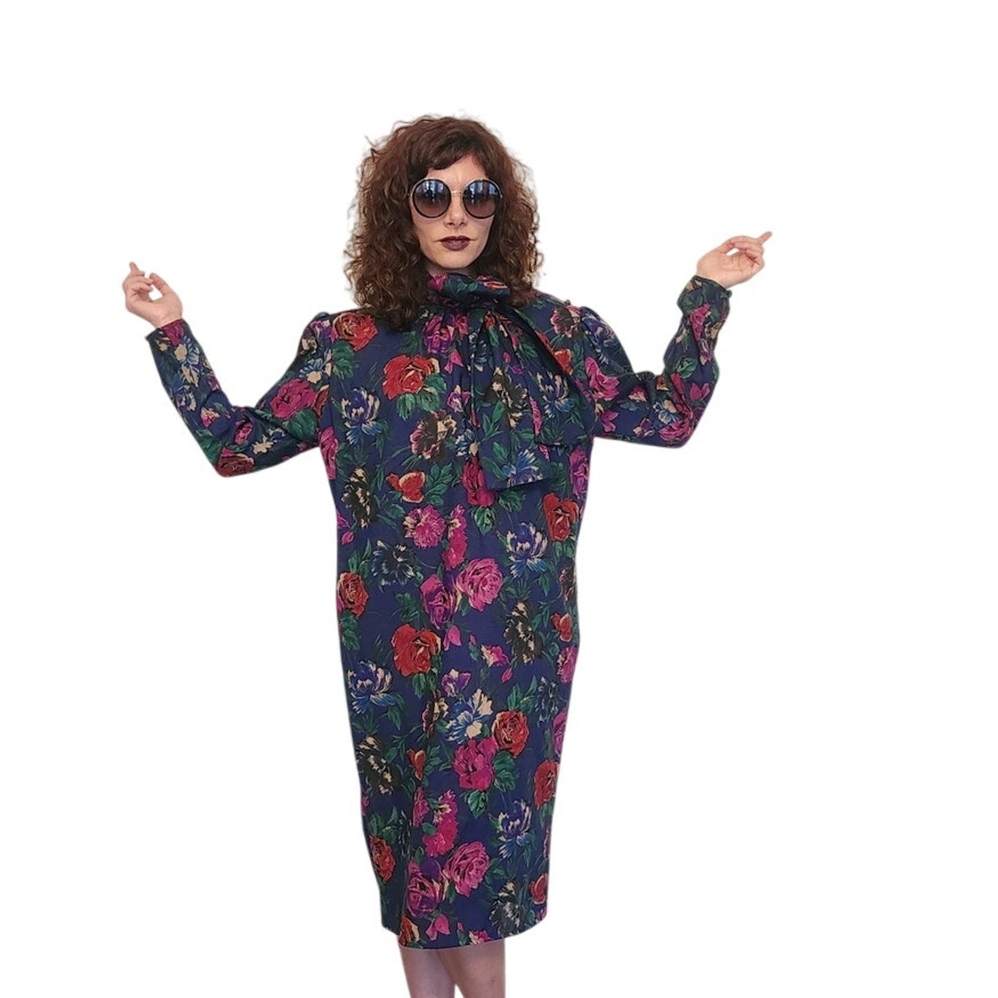Vintage 80s UNGARO Sac Dress Dark Floral Print Wool w/Sash Necktie / M