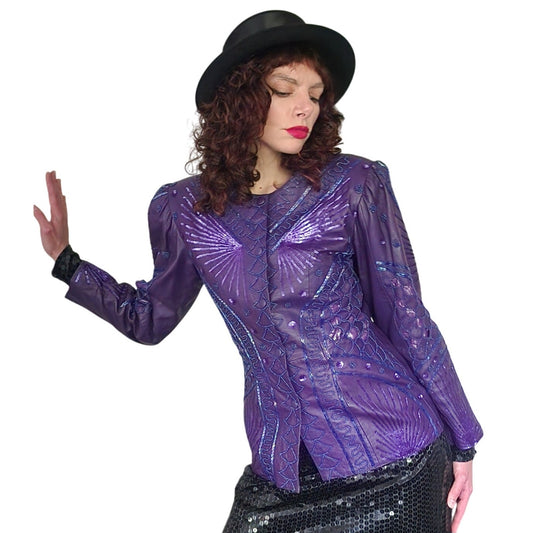 Vintage 80s Purple Leather Blazer Beaded Sequined Jacket French Collizioni / M