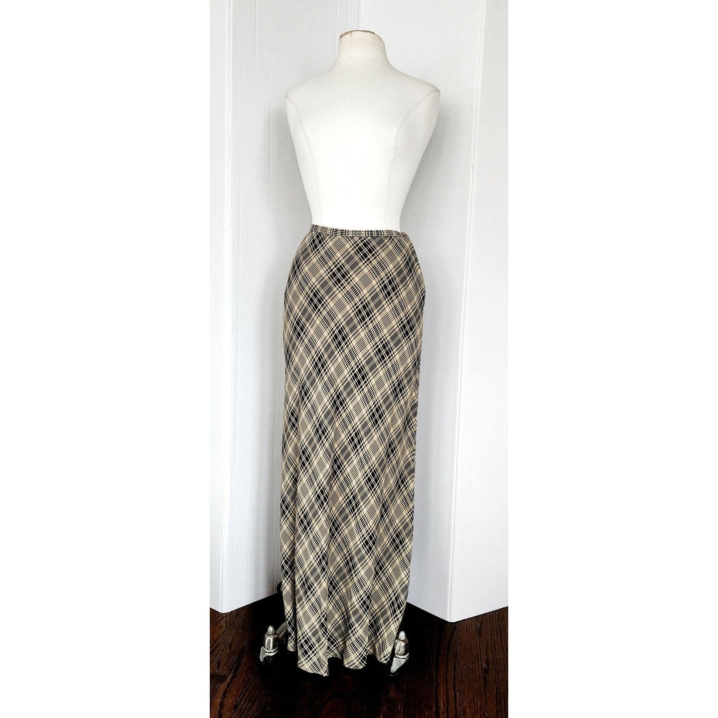 Vintage 90s Calvin Klein Long Plaid Skirt Printed Rayon / S