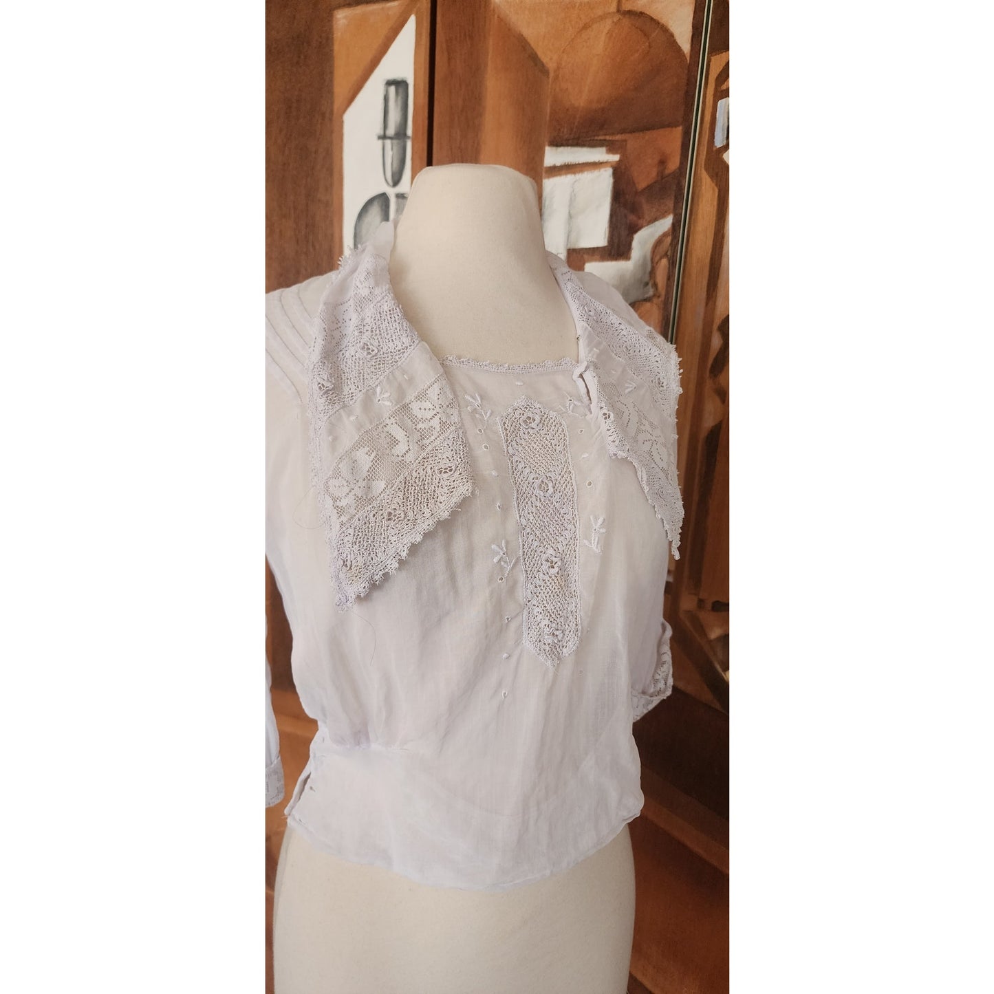 Antique Edwardian Blouse White Cotton Lace Embroidery Sailor Collar / S