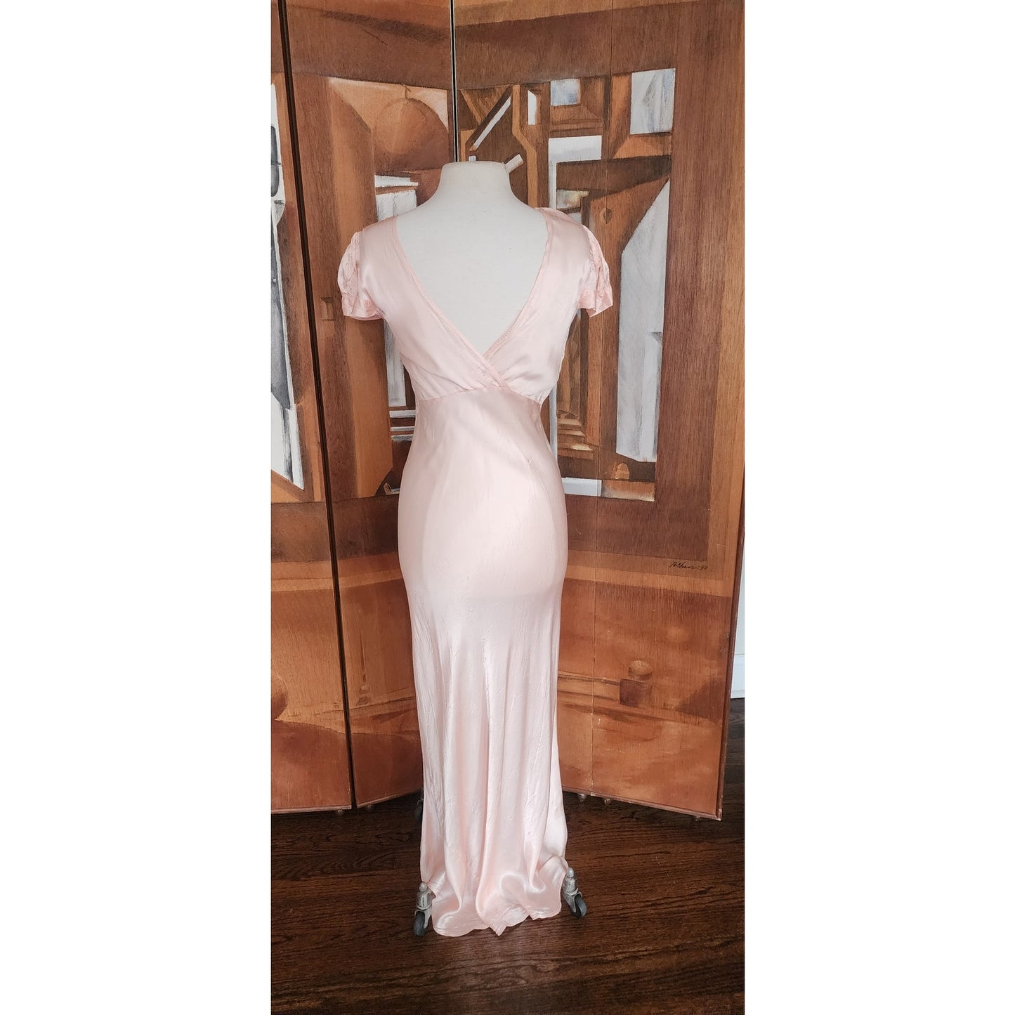 Vintage 30s Pale Pink Silk & Lace Bias Cut Nightgown Dress Long Slip Old Hollywood M