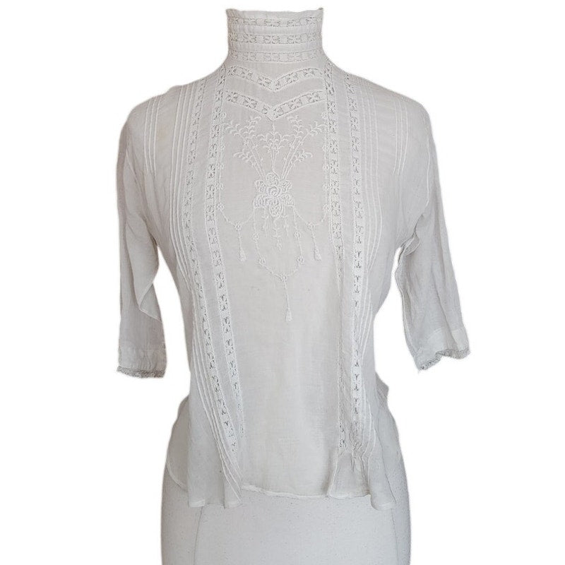 Antique Edwardian Blouse Embroidered White Cotton Lace High Neckline