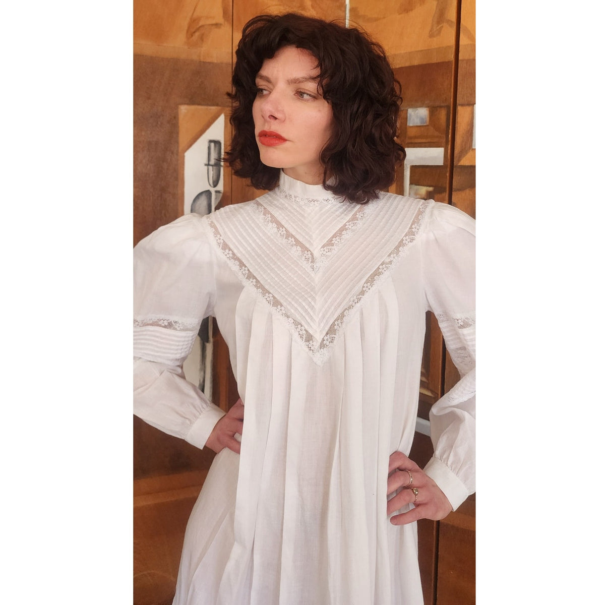 Vintage 1980s Ceegee Sue Wong Dress White Cotton Lace Boho Victorian Puff Sleeve
