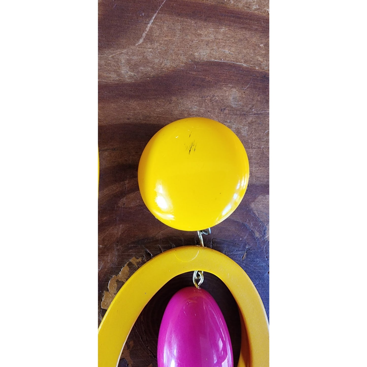 Vintage 60s Earrings Clips Yellow Pink Dangly Hoops Oversized