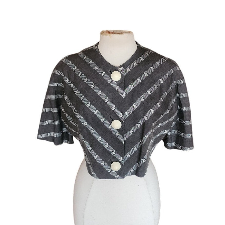 Vintage 50s Cropped Bolero Jacket "Topaz Original" Grey Striped Rockabilly Large