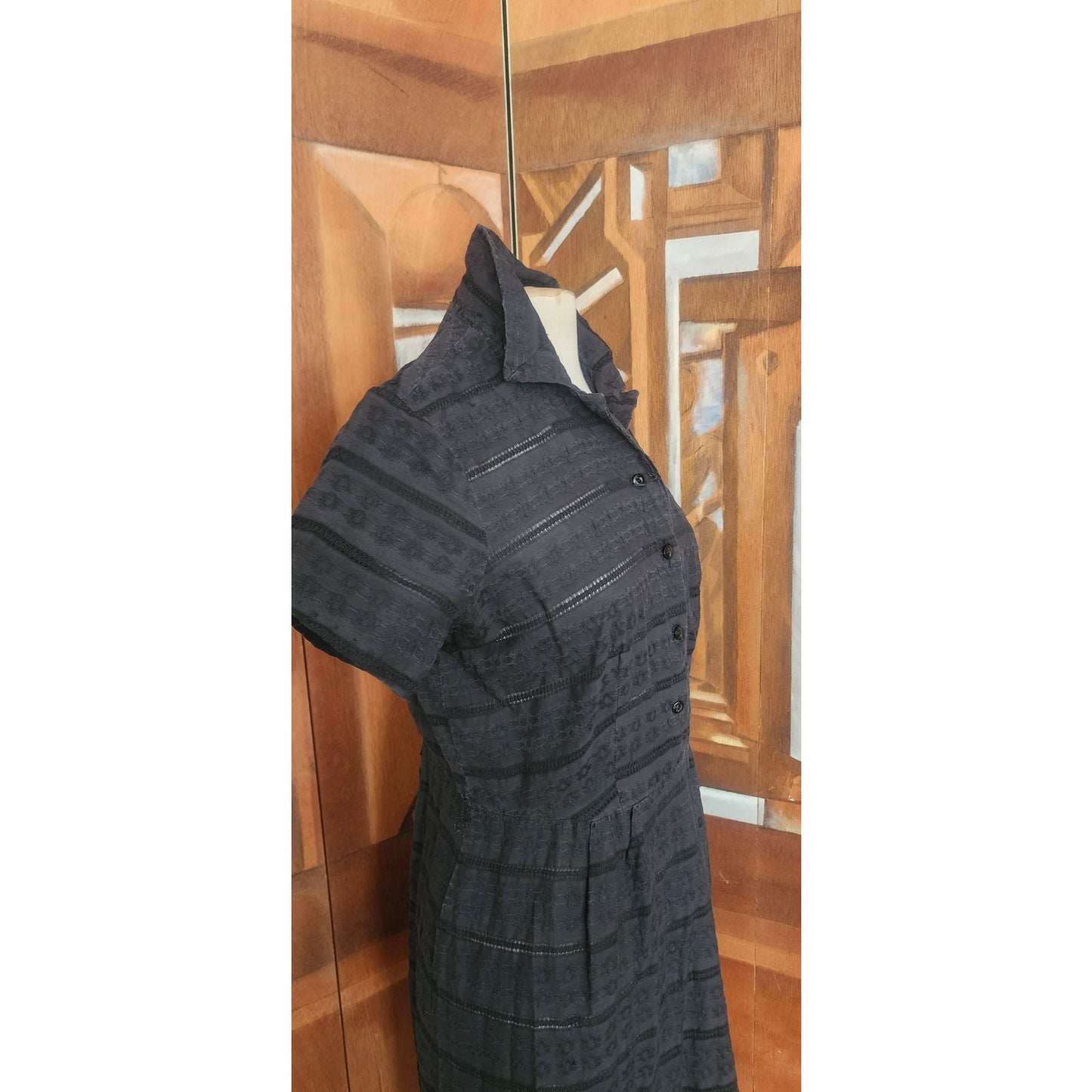 Vintage 50s Black Shirtwaist Day Dress Short Sleeve Textured Stripe Kay Whitney