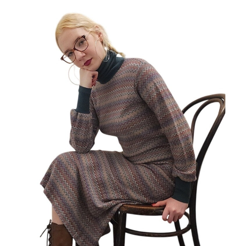 Vintage 1970s MISSONI Knit Dress Long Sleeved Turtleneck Zigzag Pattern