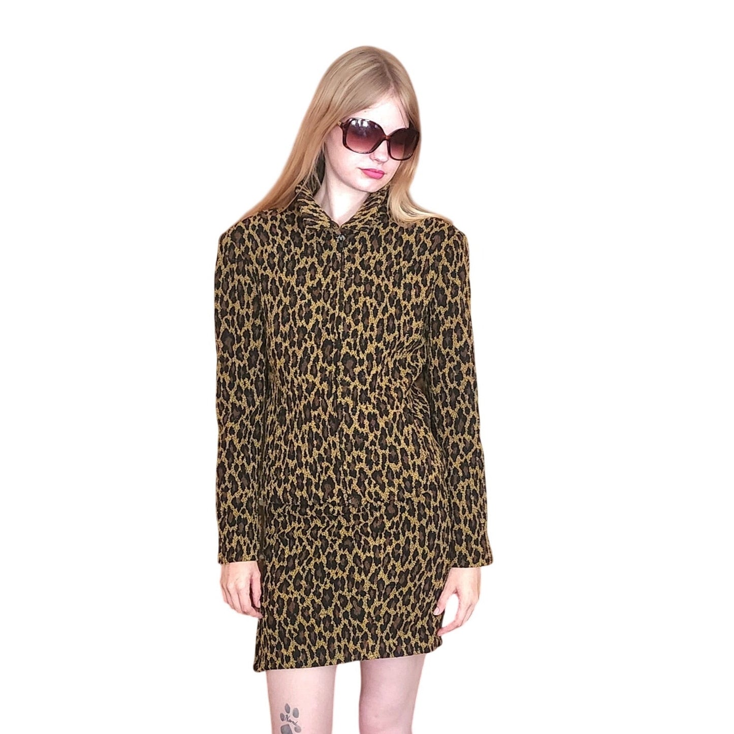 Vintage 90s Monica Bianco Milano Animal Print Skirt Suit Structured Jacket Set Made in Italy