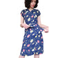 Vintage 40s Rayon Print Midi Dress Dark Blue Floral w/Belt & Diagonal Peplum