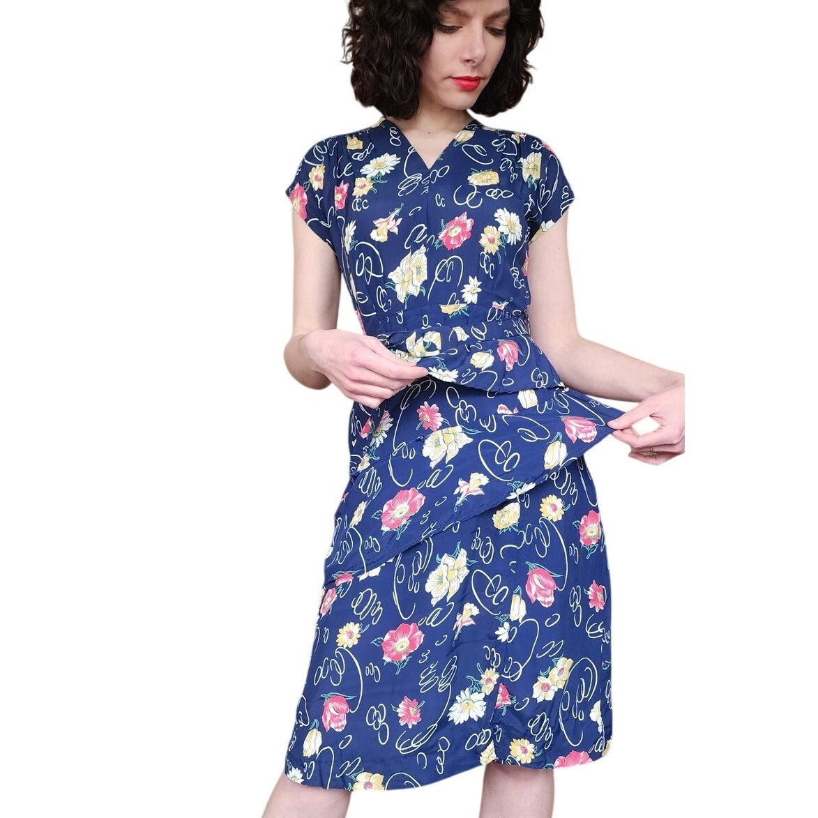 Vintage 40s Rayon Print Midi Dress Dark Blue Floral w/Belt & Diagonal Peplum