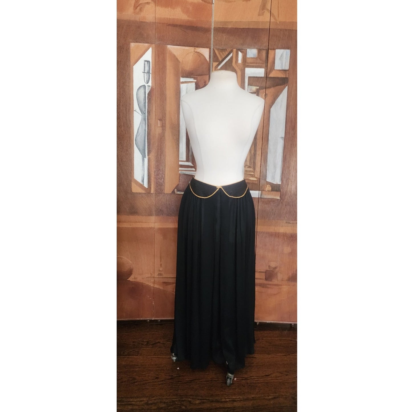 Vintage 1970s Geoffrey Beene Set Black Jersey Blouse Maxi Skirt Gold Trim Boho