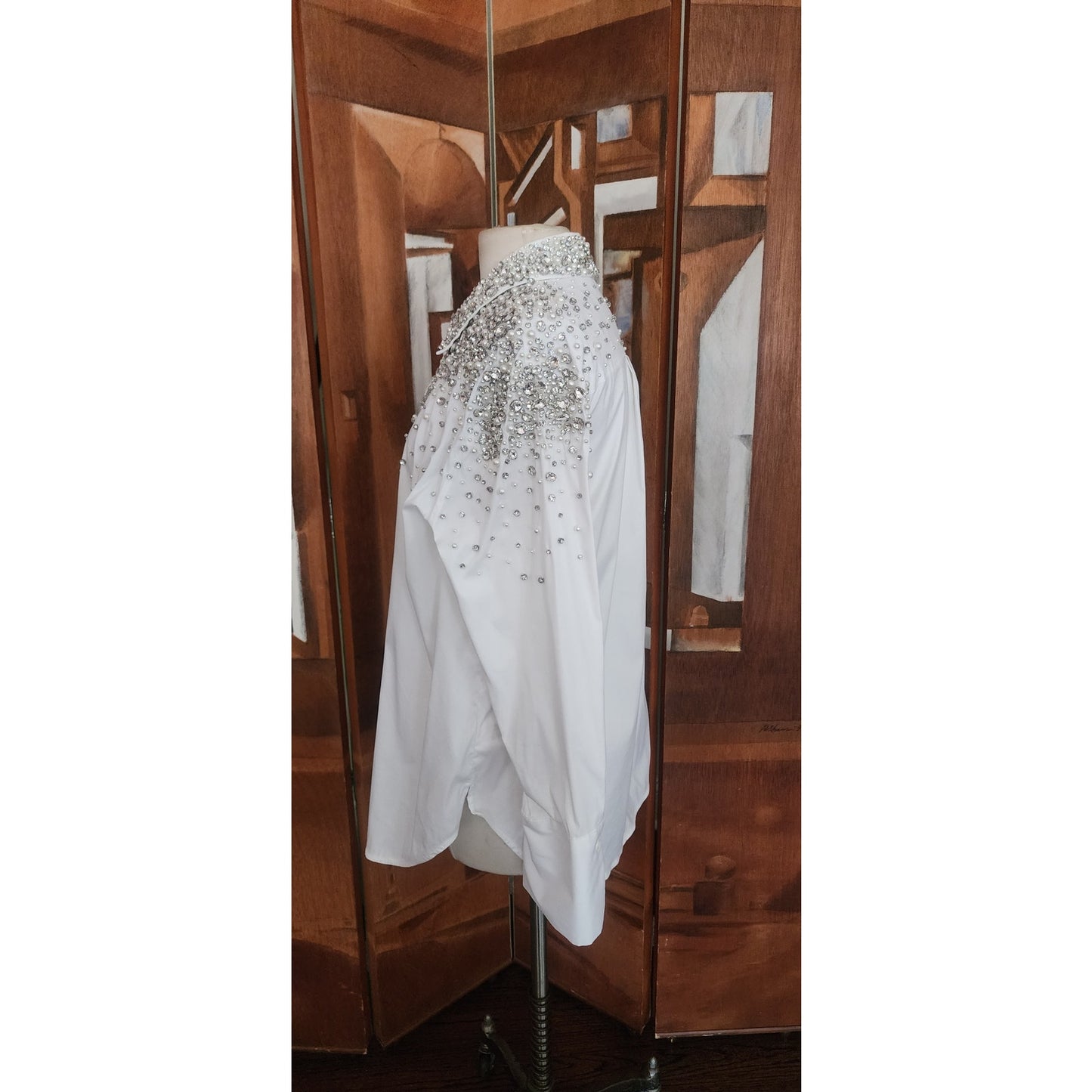 Alice + Olivia White Shirt Embellished Silver Rhinestone Crystal Beads Long Sleeve Button Down