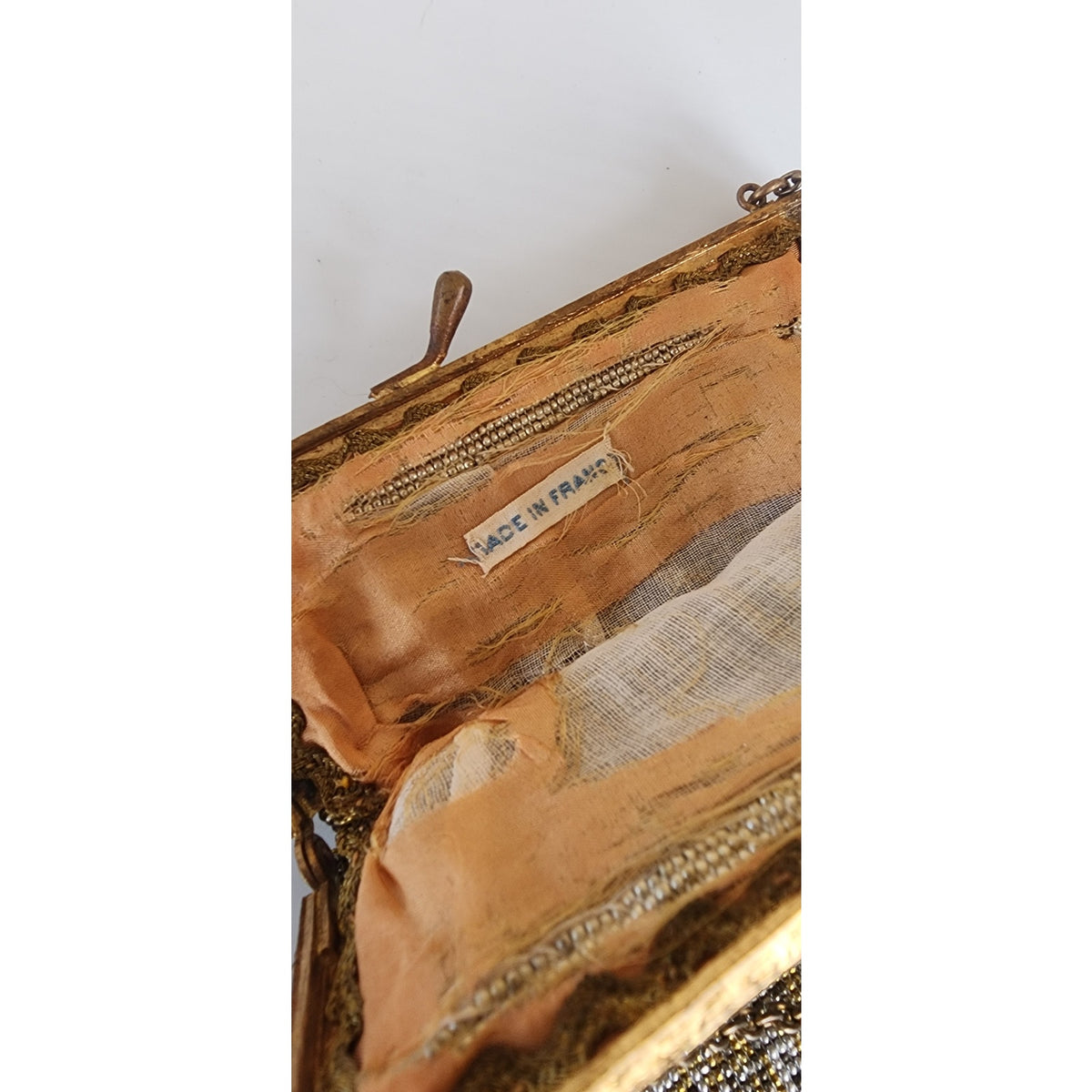 Antique Beaded Bag Shimmering Metallic Gold Silver Fringe Edwardian Art Nouveau France