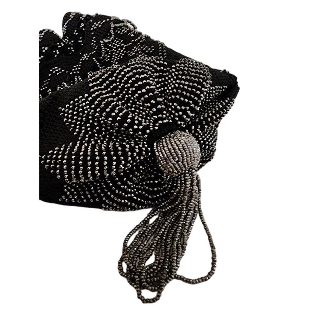 Vintage 20s Black Evening Bag Steel Bead + Crochet Drawstring Purse Tasseled