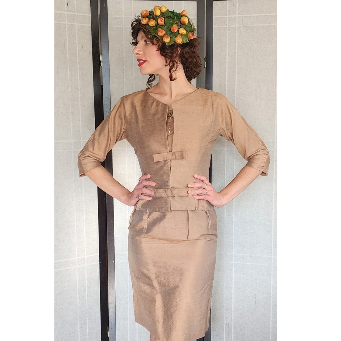 Vintage 50s Beige Silk Dress Suit w/Rhinestones