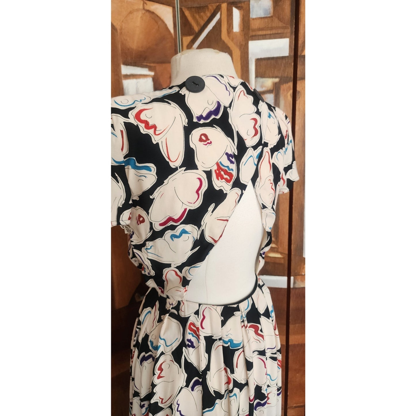 Vintage 1980s Krizia Dress Silk Puff Sleeve Open Back Geometric Abstract Midi