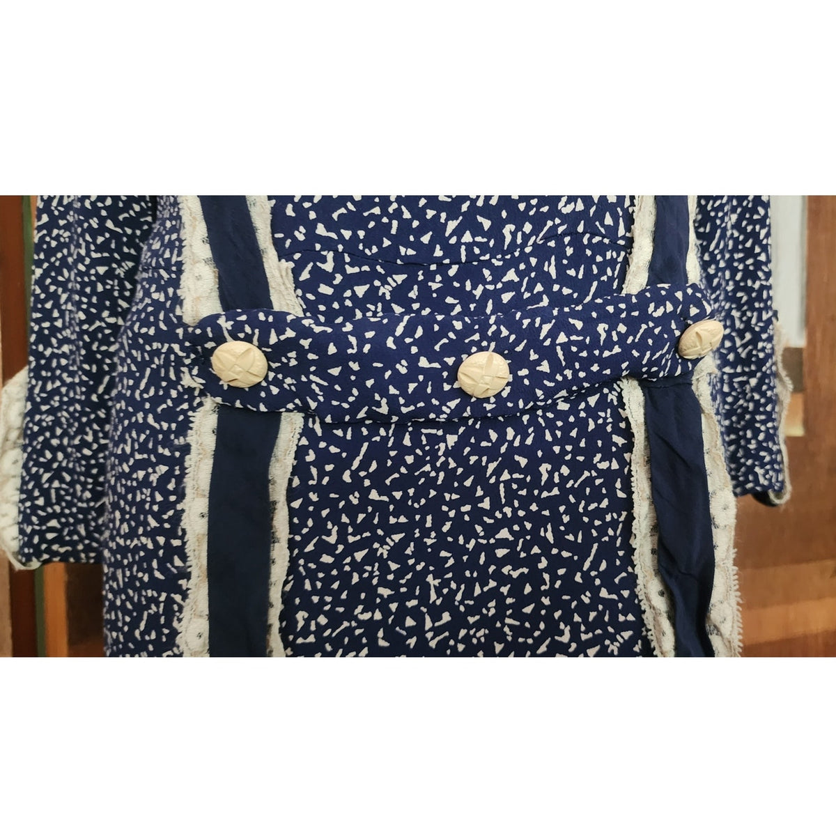 Vintage 1920s Day Dress Silk Print Navy Blue Polkadot Micro Dot Long Sleeves / S