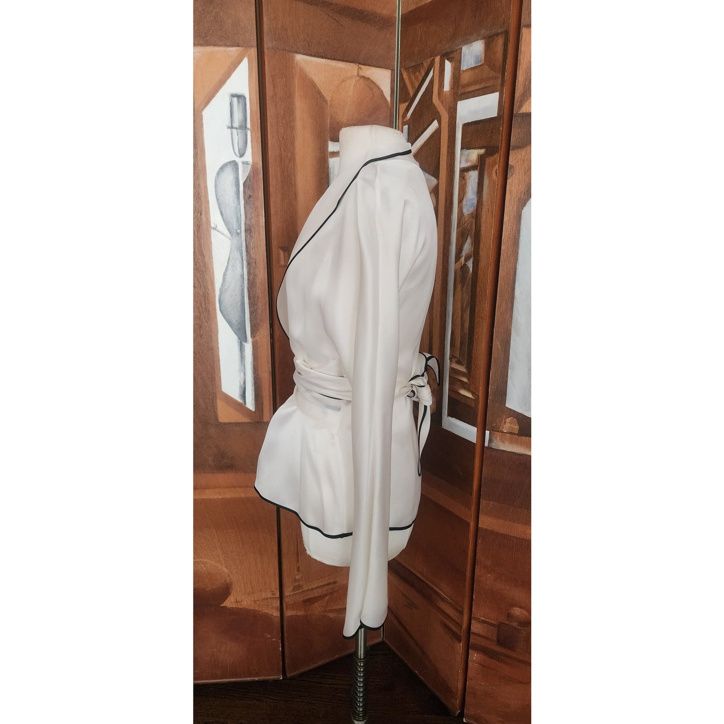Vintage 1990s Sheer White Blazer w/Black Trim Sash Tie Belt