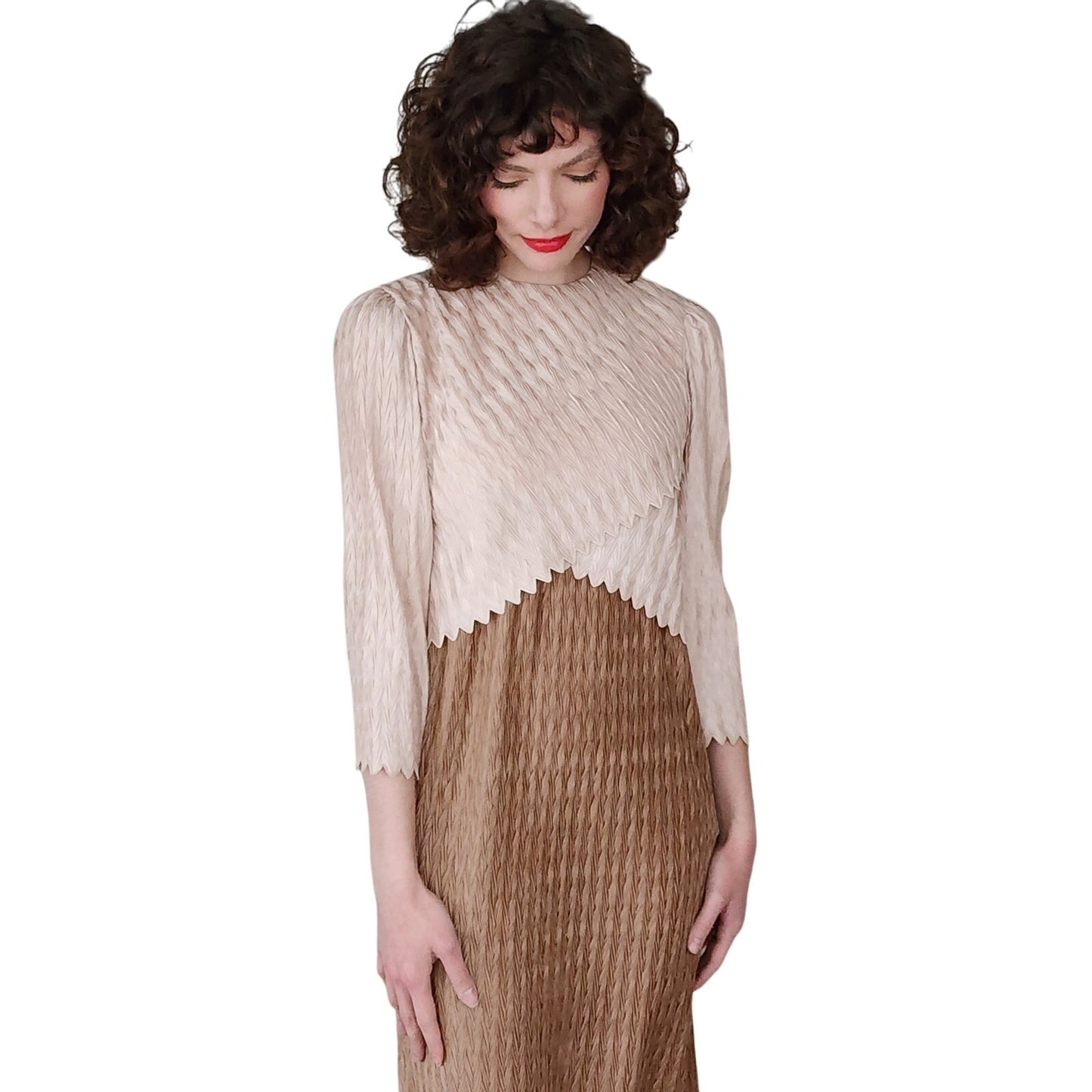 Vintage 80s Beige Brown Dress in Textured Dress Zig Zags Richeline / S