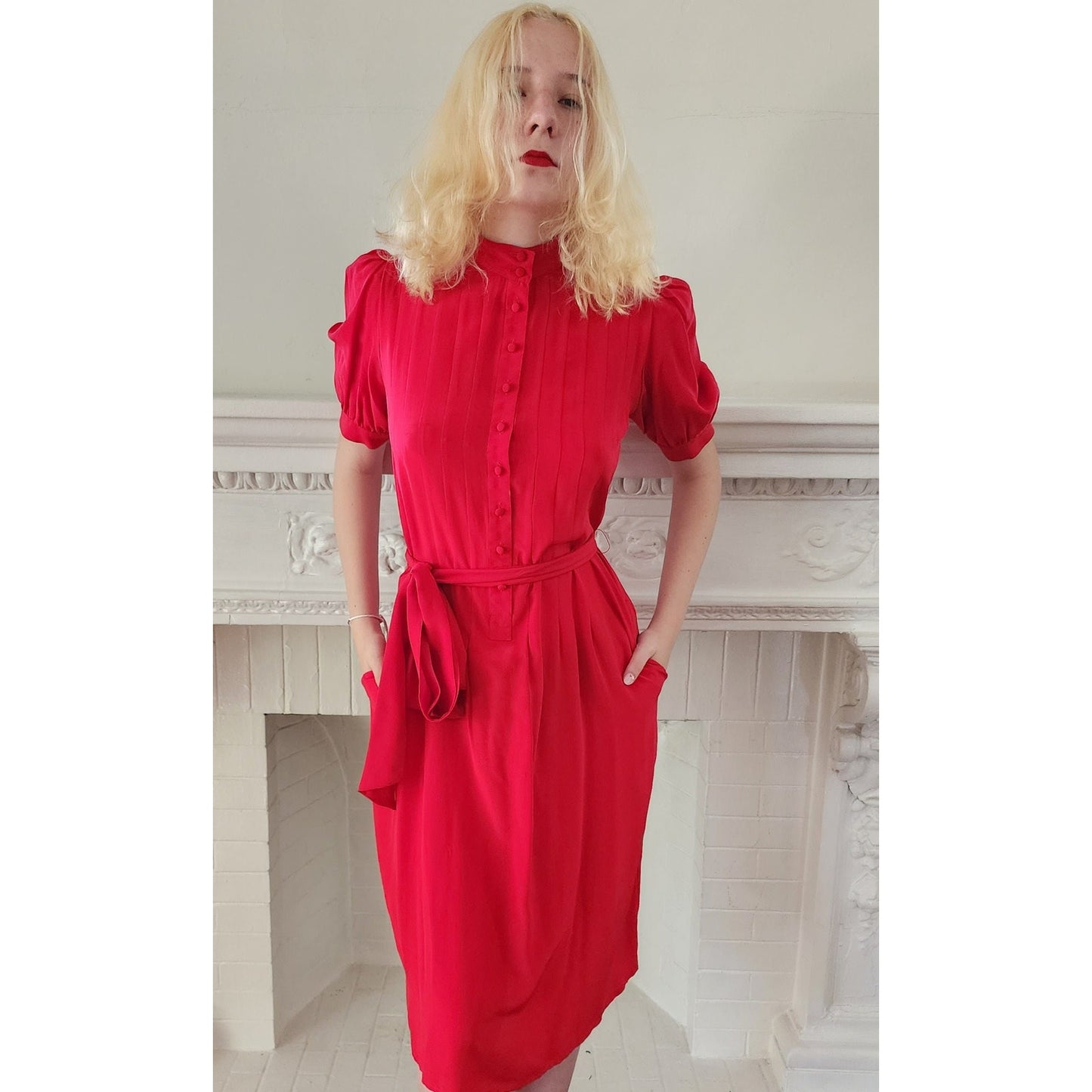 Vintage 80s Red Silk Dress Short Sleeves Belted
