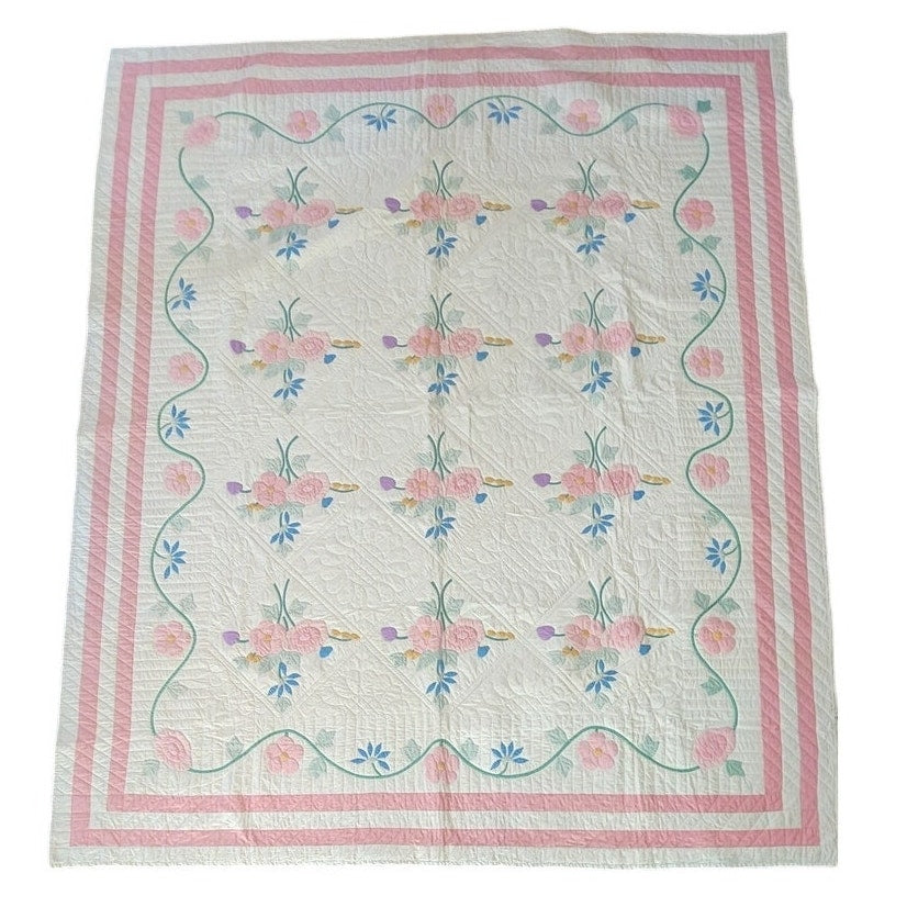 Vintage 30s 40s Quilt Appliqué Floral Bouquet with Swag Border Cheddar Cotton