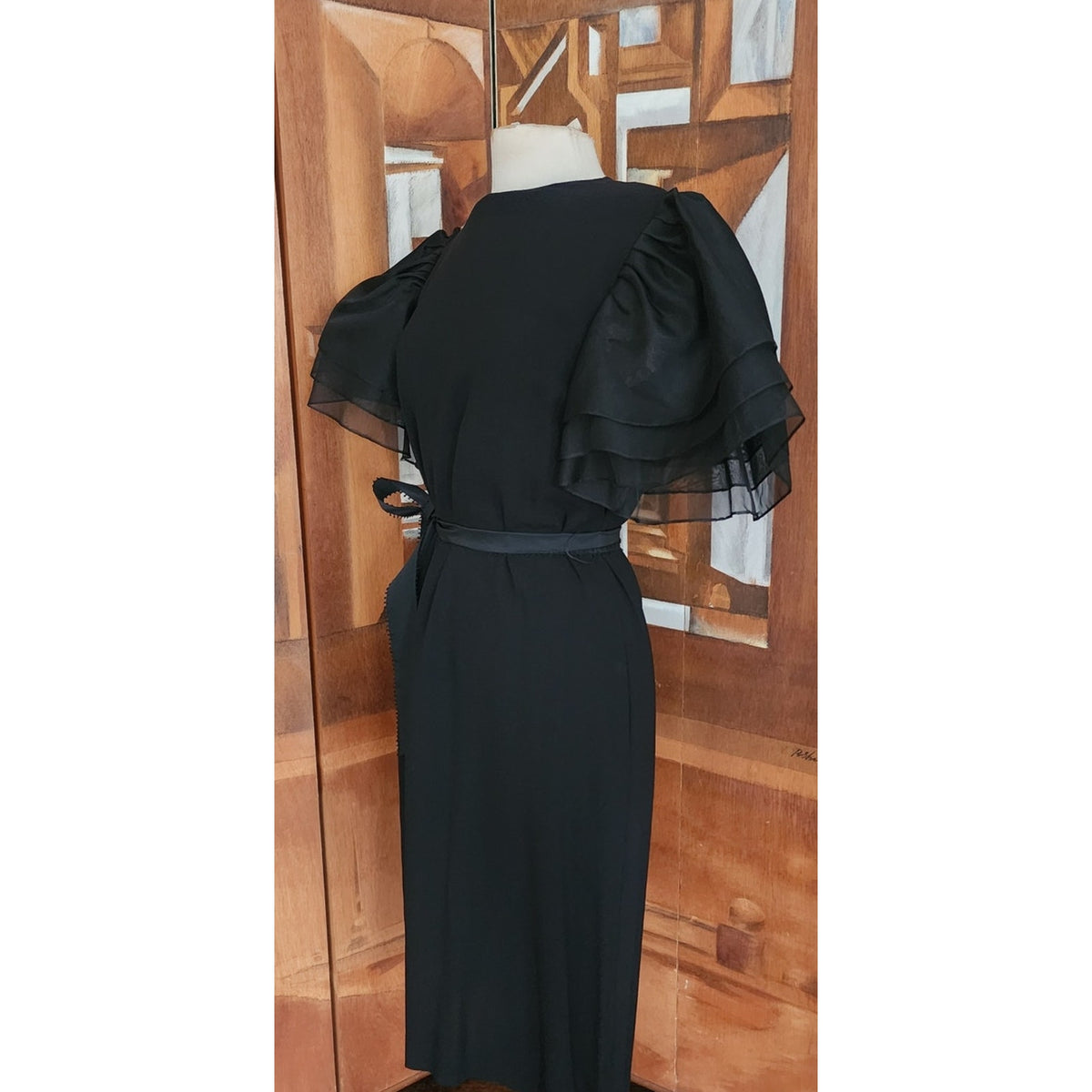 Vintage 1980s Bill Blass Party Dress Black Organza Puffy Sleeve Belted Medium