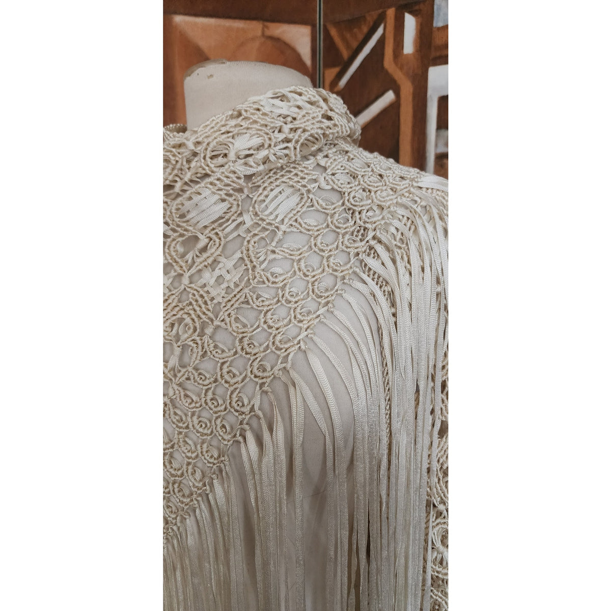 Vintage Cream Crochet Lace Piano Shawl Oversized Macrame Silk Ribbon Wrap Fringed
