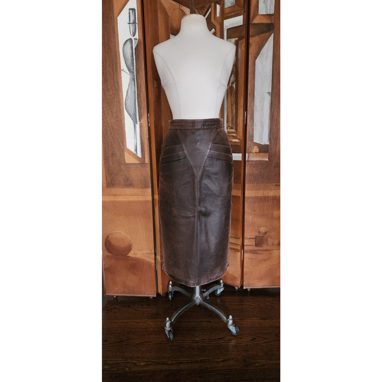 Vintage 80s Brown Leather Pencil Skirt High Waisted Geometric Accent Stitching