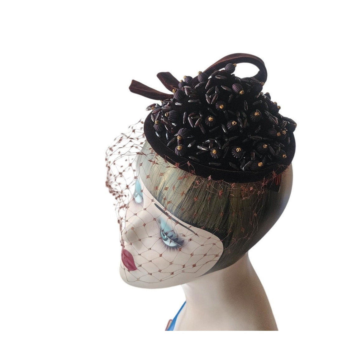 Vintage 1950s Hat Chanda Brown Beaded Velvet Asymmetrical Fascinator Bonwit Teller