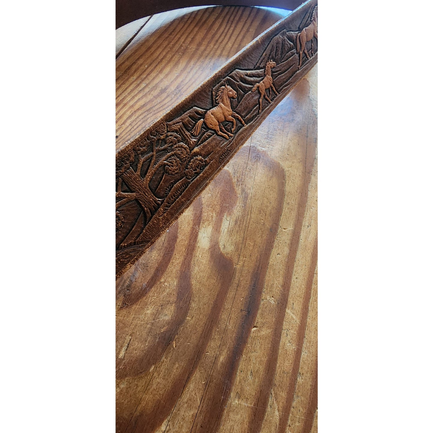 Vintage 1970s The Rowel Brown Belt Tooled Leather Horses Trees Cowboy Western