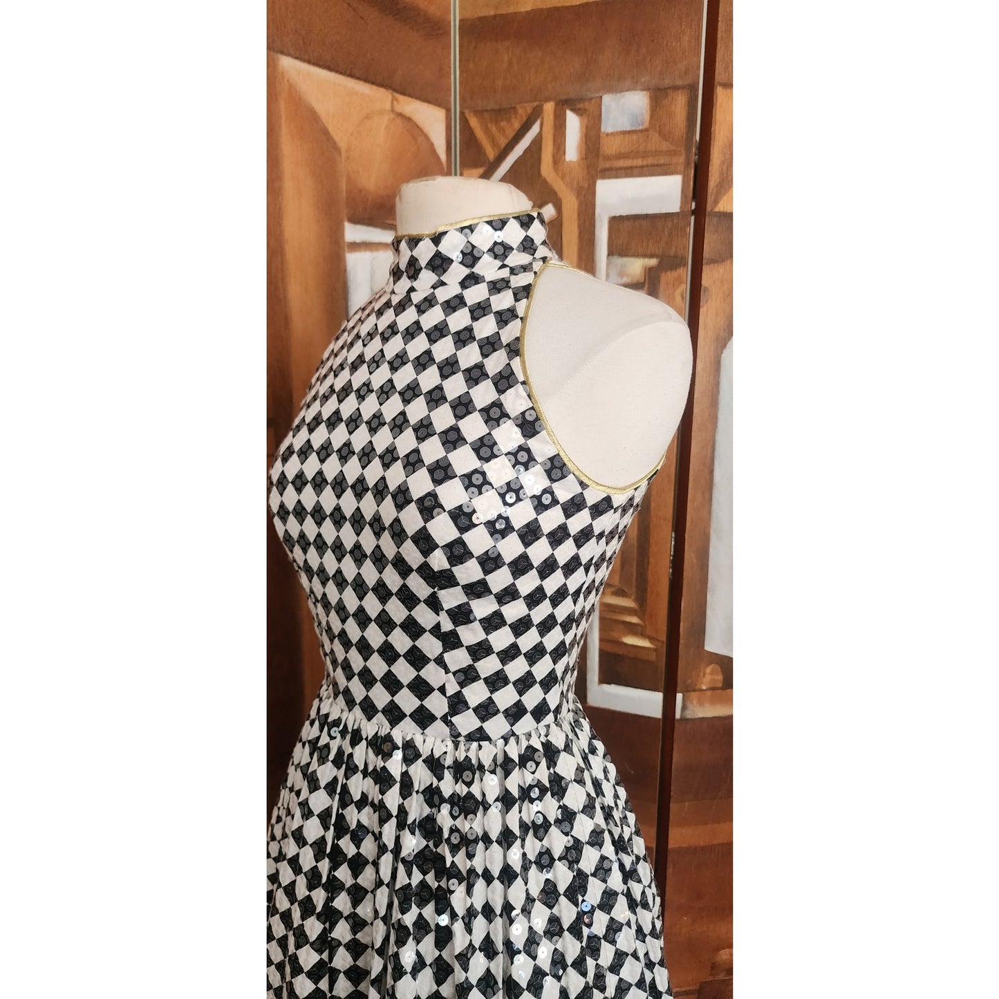 Vintage 80s Morton Myles Dress Mod Black White Checkerboard Print Sleeveless Shift Shiny Clear Sequins