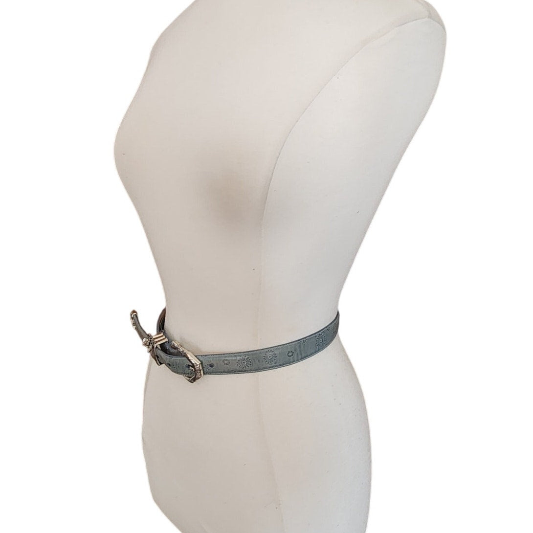 Vintage 1990s Brighton Belt Baby Blue Tooled Leather Silver Charms Waist 28