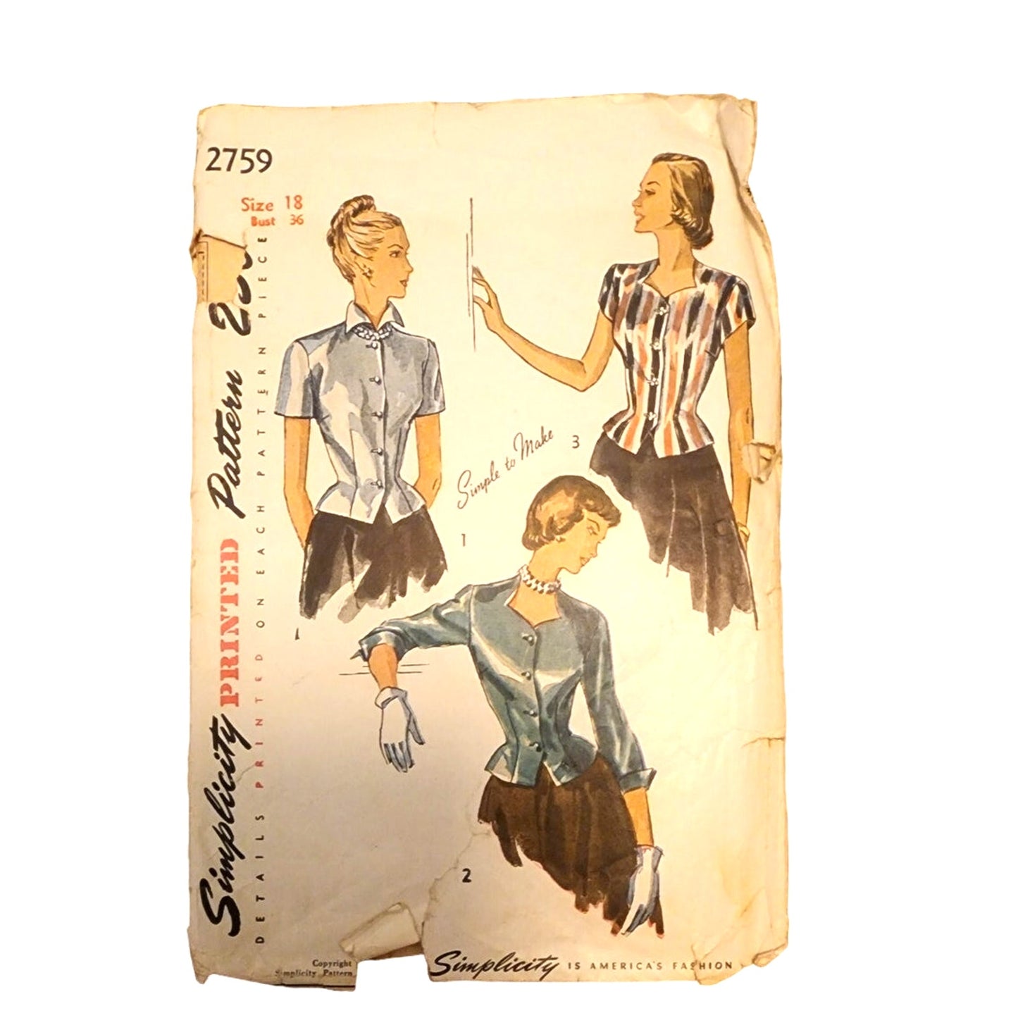 Vintage 1940s Sewing Pattern ORIGINAL:  Ladies Blouses Simplicity 2759