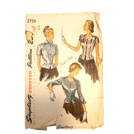 Vintage 1940s Sewing Pattern ORIGINAL:  Ladies Blouses Simplicity 2759