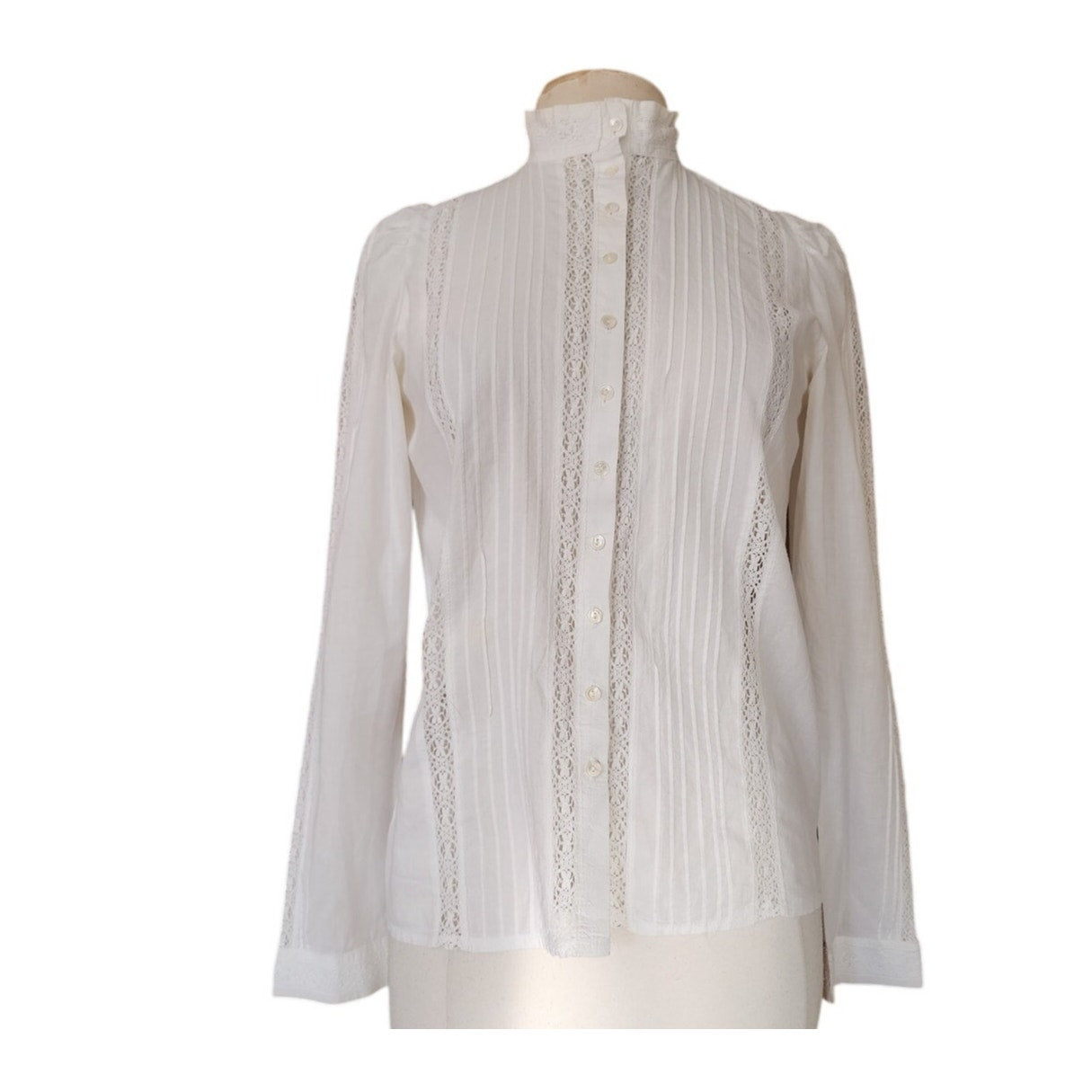 Vintage 70s Laura Ashley Blouse White Cotton Lace Crochet High Collar Puffed Shoulders Neo Edwardian
