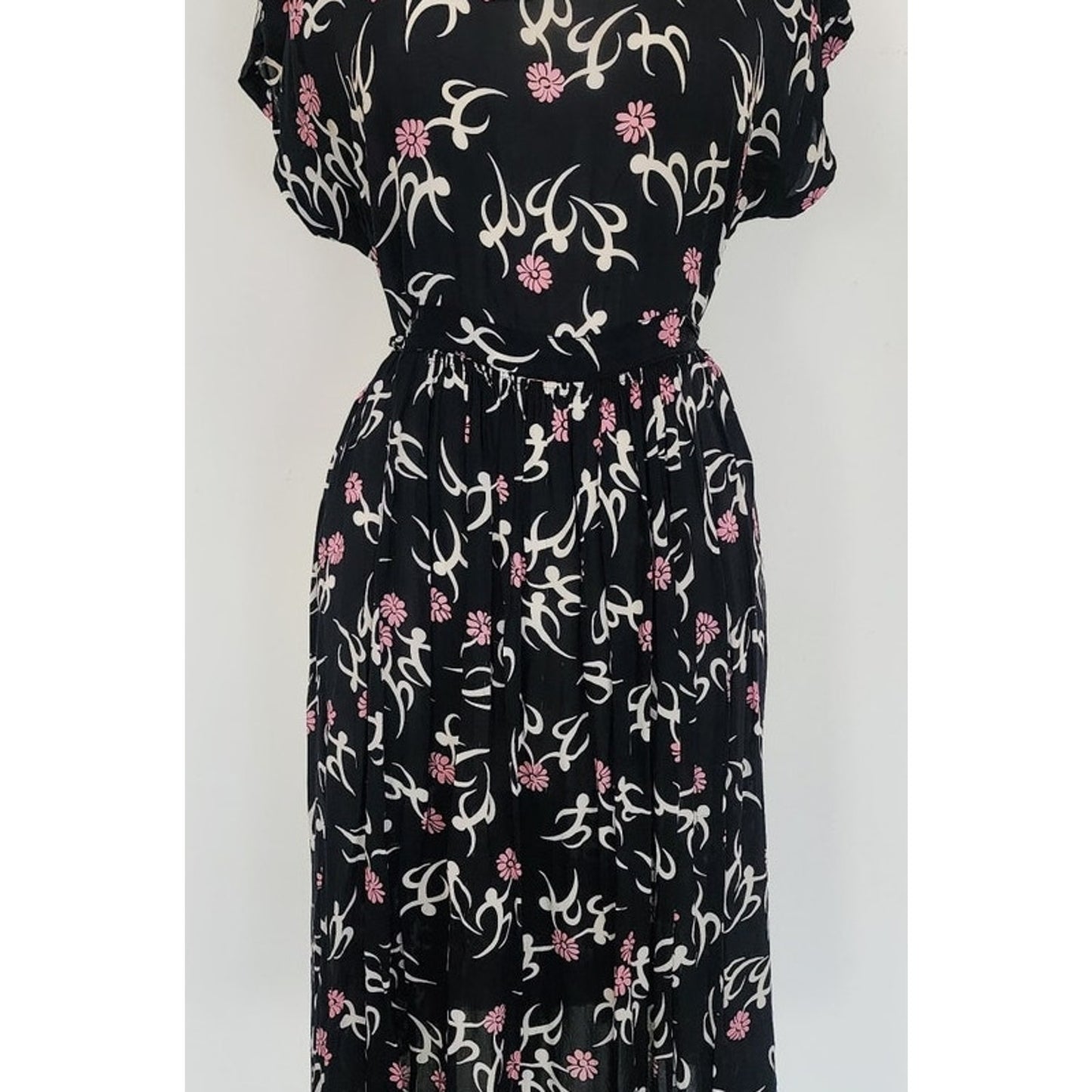 Vintage 30s Rayon Print Maternity Dress Adjustable Tie Sash Dark Floral Print