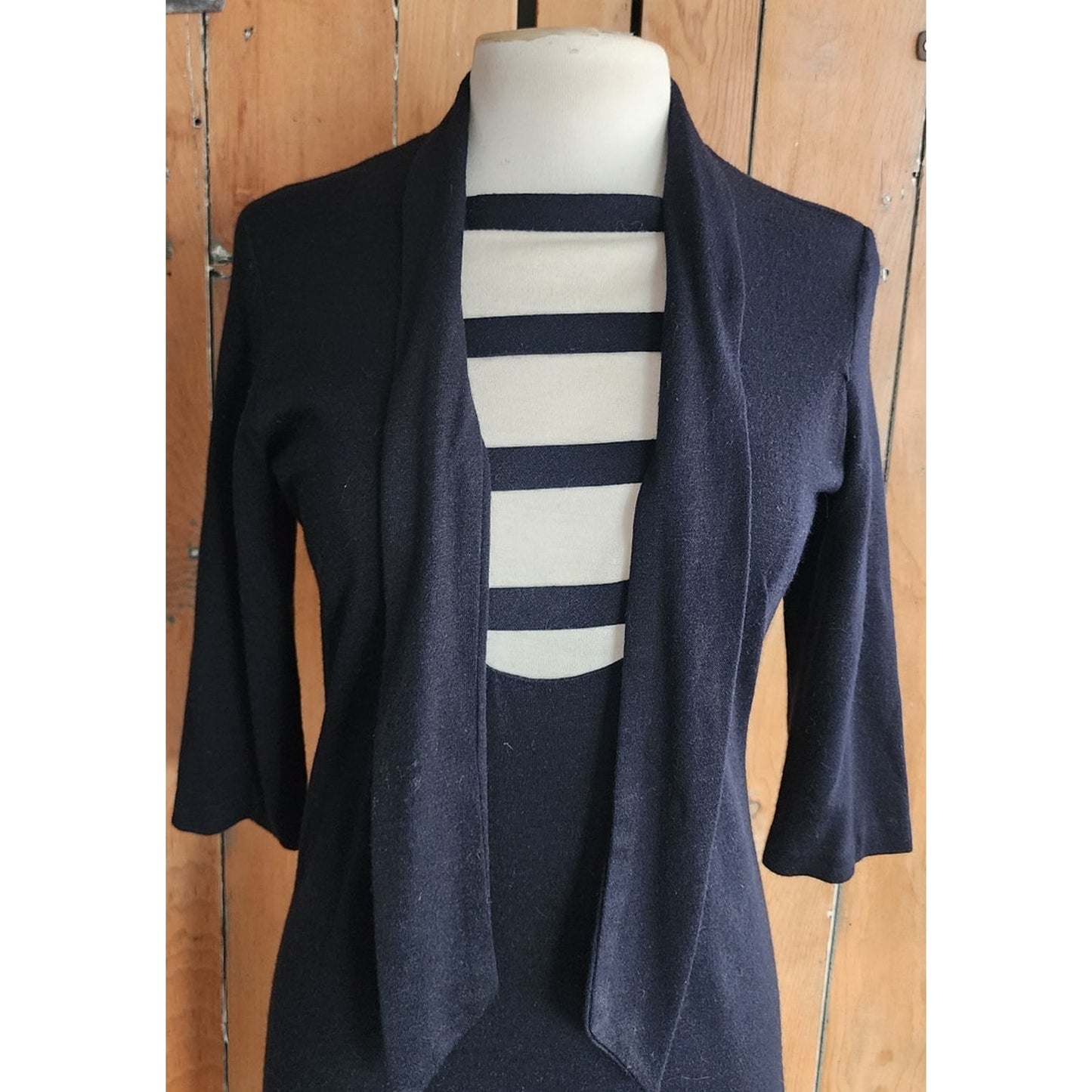 Vintage 1960s Mod Dress Black White Stripe Ascot Tie  Stretchy / Medium