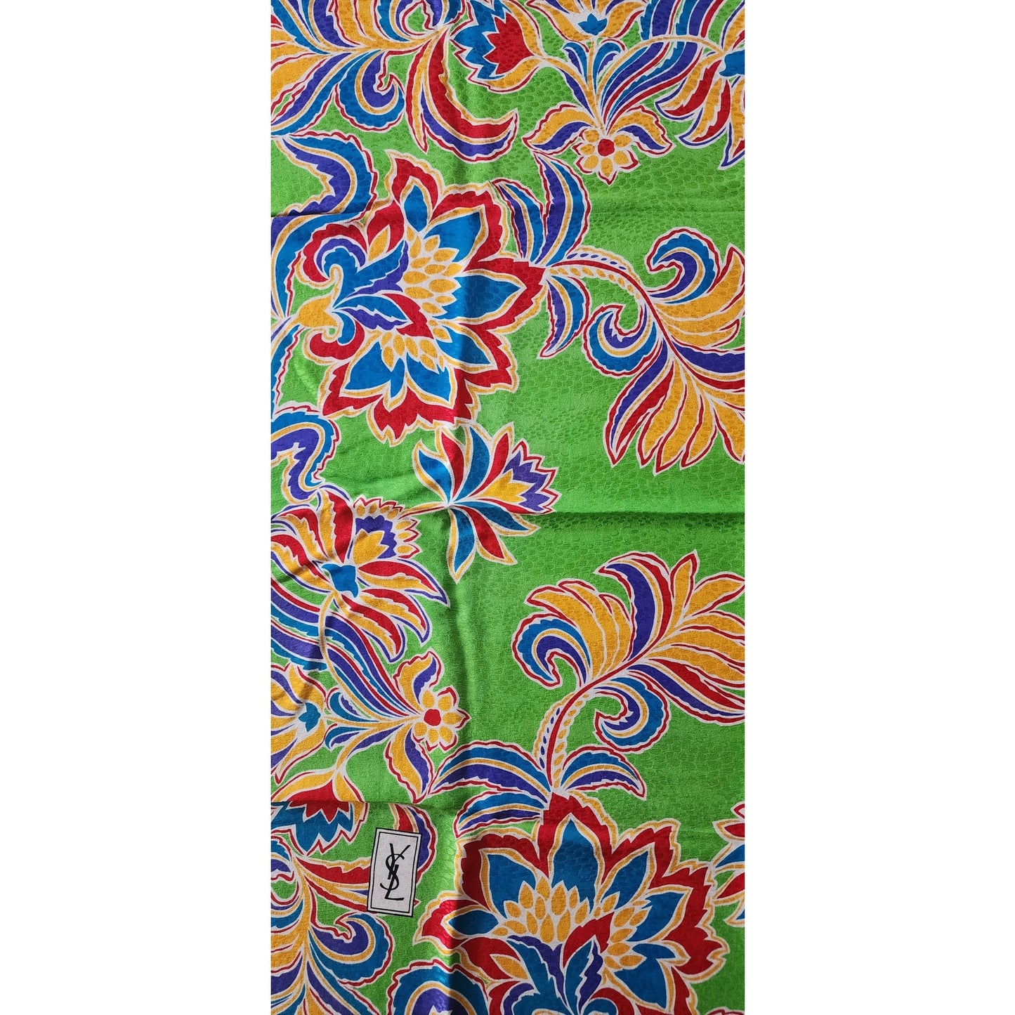Vintage YSL Scarf Silkprint Square Floral Paisley Green Yves Saint Laurent 70s 80s