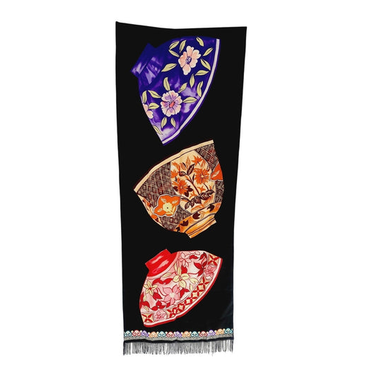 Vintage Diane Von Furstenberg Scarf Silk Shawl Japanese Ceramic Bowl Print