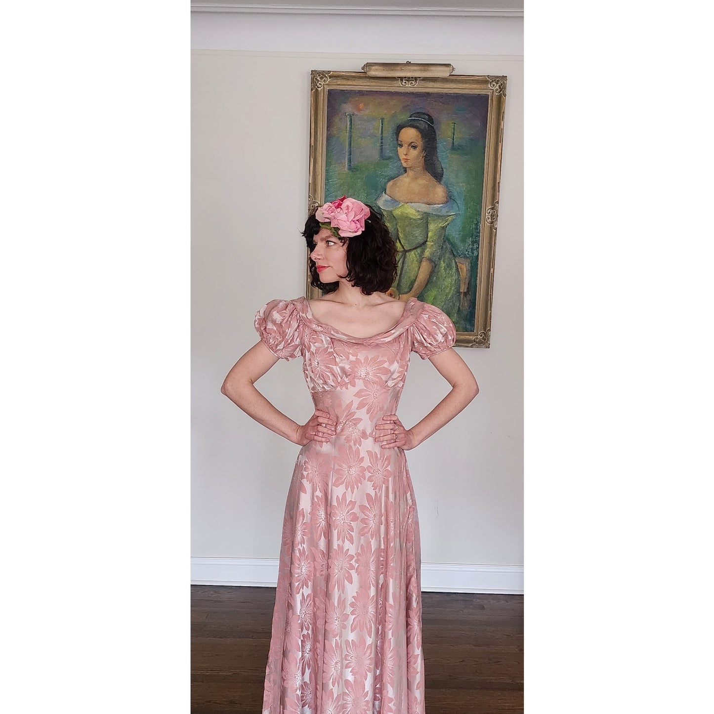 Vintage 30s Vintage Pink Floral Satin Evening Gown Old Hollywood Prom Dress