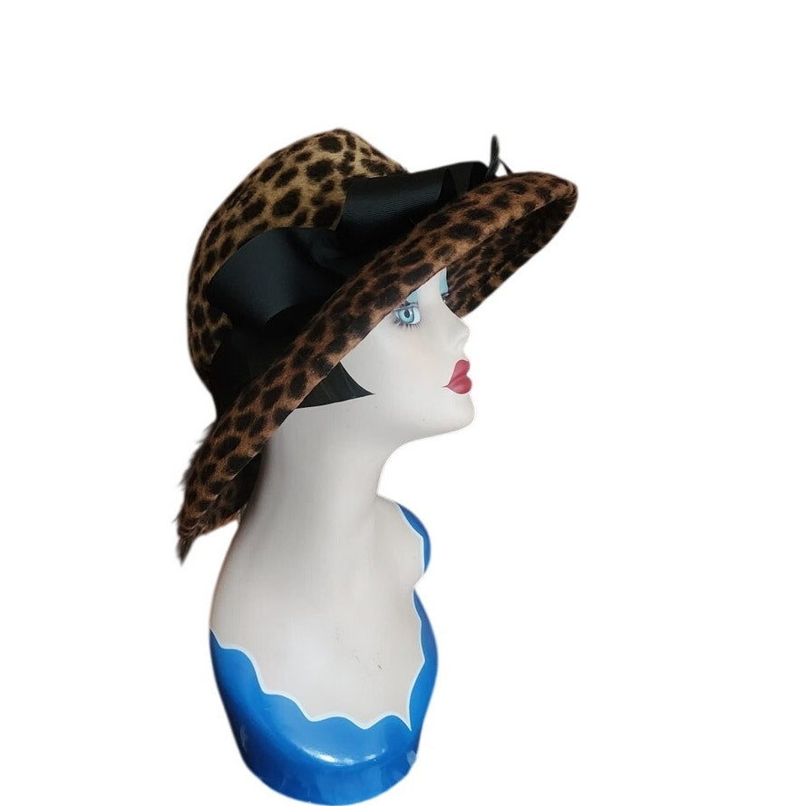 Vintage Y2K Carluci Millinery Animal Print Hat Wide Brimmed w/Bow & Feathers