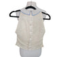 80s Krizia Top Cream Flax Linen Sleeveless Beaded Blue Rose Peter Pan Collar