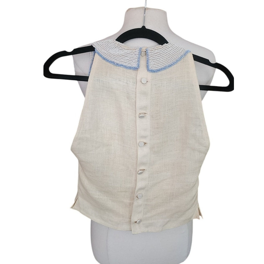 80s Krizia Top Cream Flax Linen Sleeveless Beaded Blue Rose Peter Pan Collar