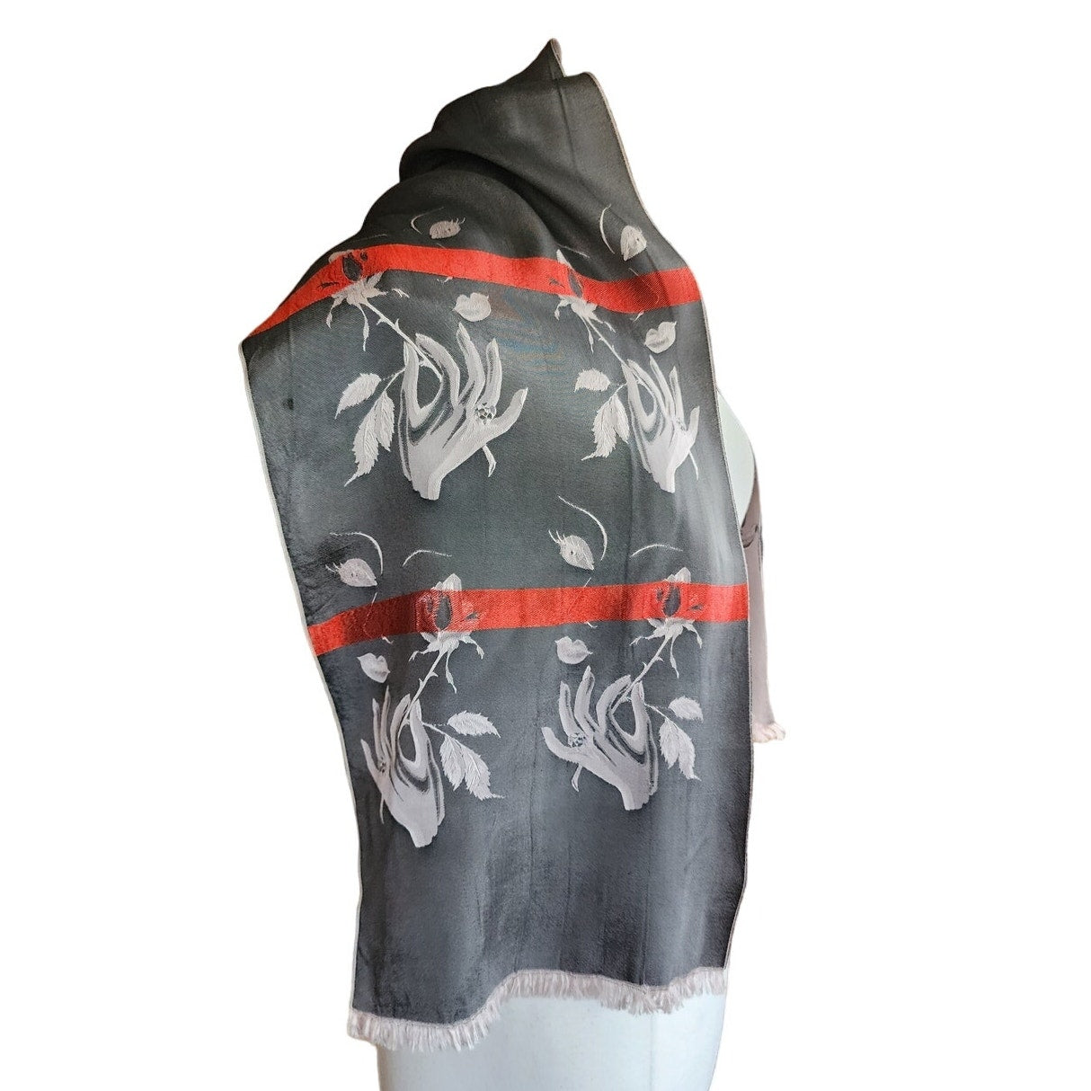 Vintage 40s Silk Embroidered Scarf Woman's Face w/Rose Flower