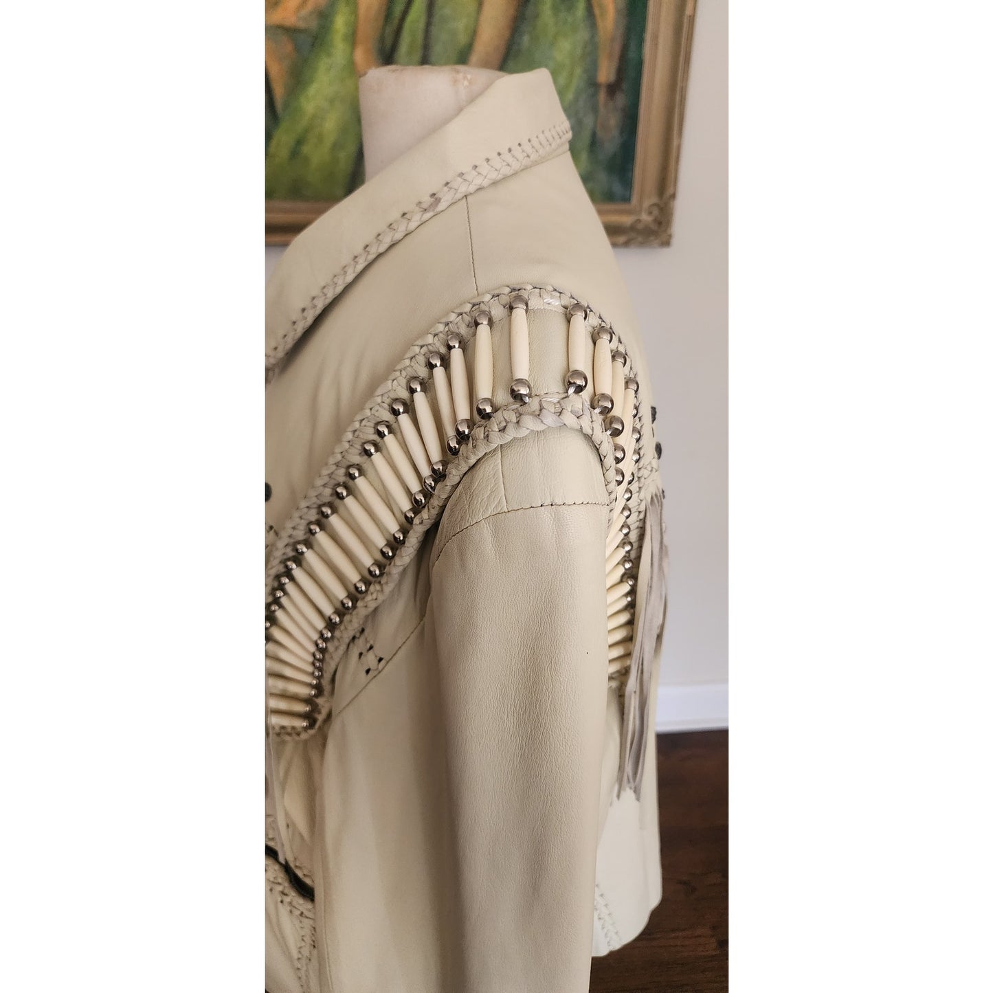 Vintage 1980s White Leather Jacket SUNRIDERS Fringe, Studs & Bone Beads XXL
