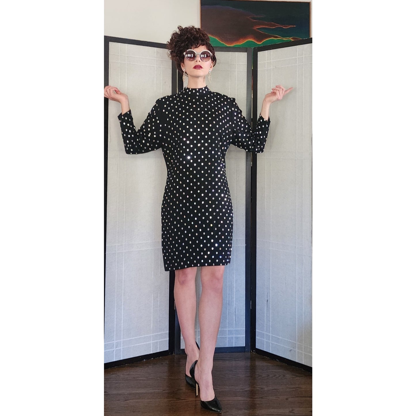 Vintage 80s Rhinestone Beaded Dress Black Long Sleeves by Richilene / M